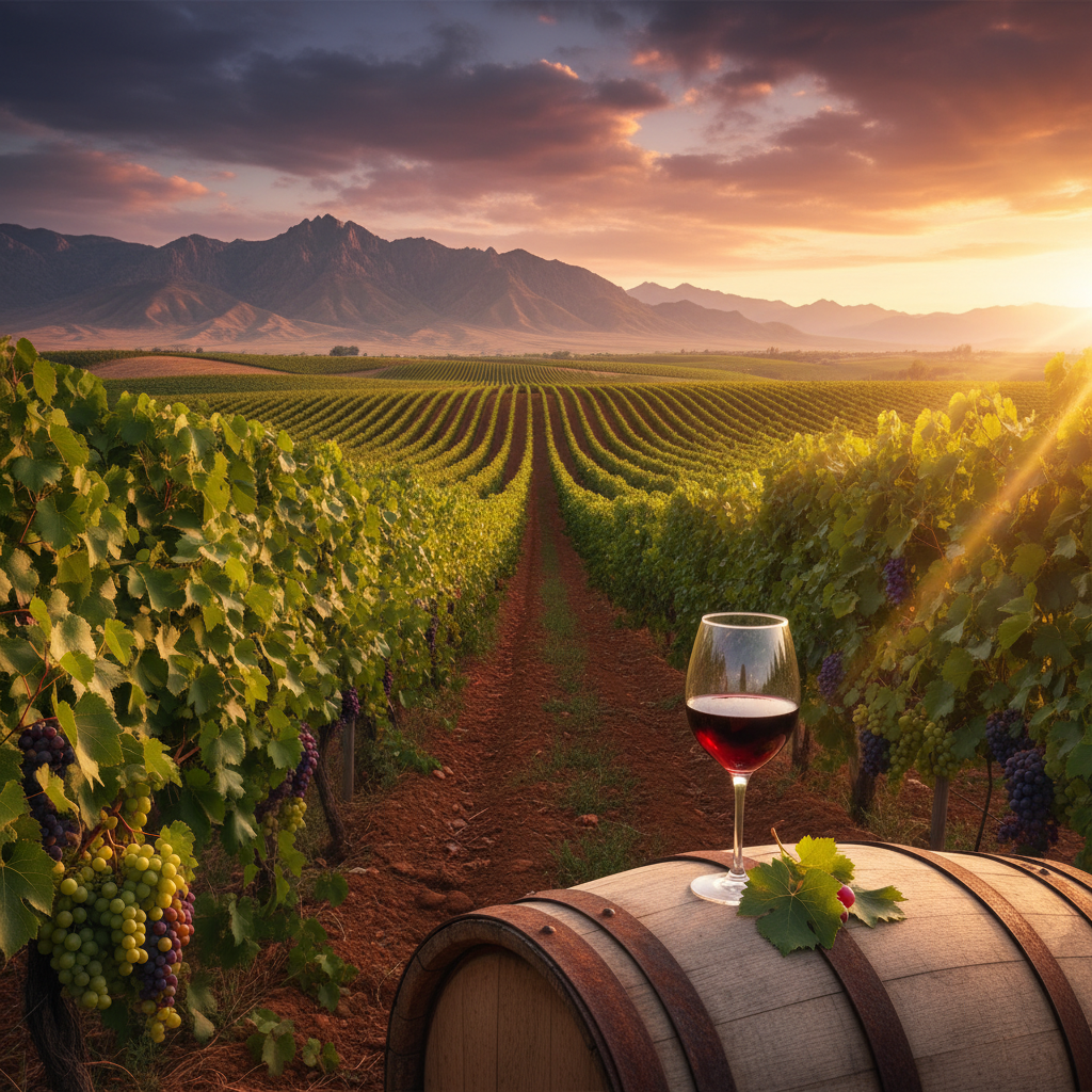 Vinhedo exuberante no Turcomenistão com montanhas áridas ao fundo, um barril de vinho rústico e uma taça elegante ao pôr do sol, simbolizando o potencial vinícola inexplorado.