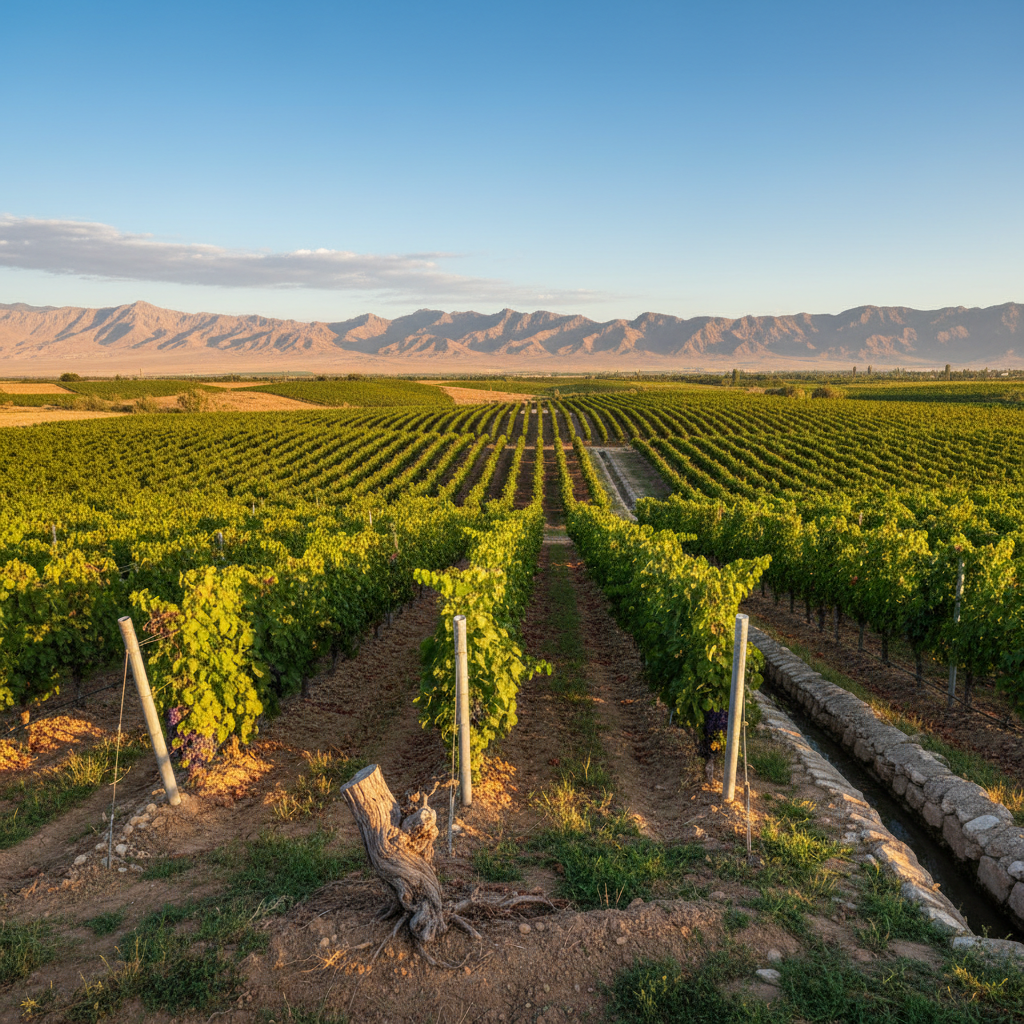 Vinhedo ensolarado no Turcomenistão, com videiras exuberantes e montanhas desérticas ao fundo, simbolizando a união de tradição e modernidade na produção de vinho.