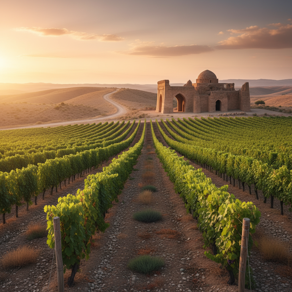 Vinhedo moderno no Turcomenistão ao pôr do sol, com fileiras de videiras e vestígios de uma antiga rota da seda ao fundo, simbolizando a história do vinho turcomeno.