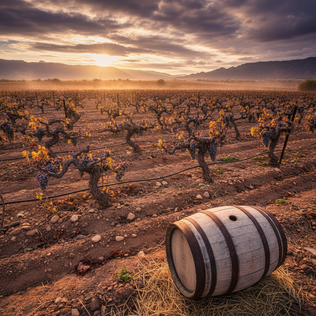 Vinhedo resiliente em paisagem árida do Turcomenistão, com barril de vinho rústico, simbolizando a viticultura pioneira.