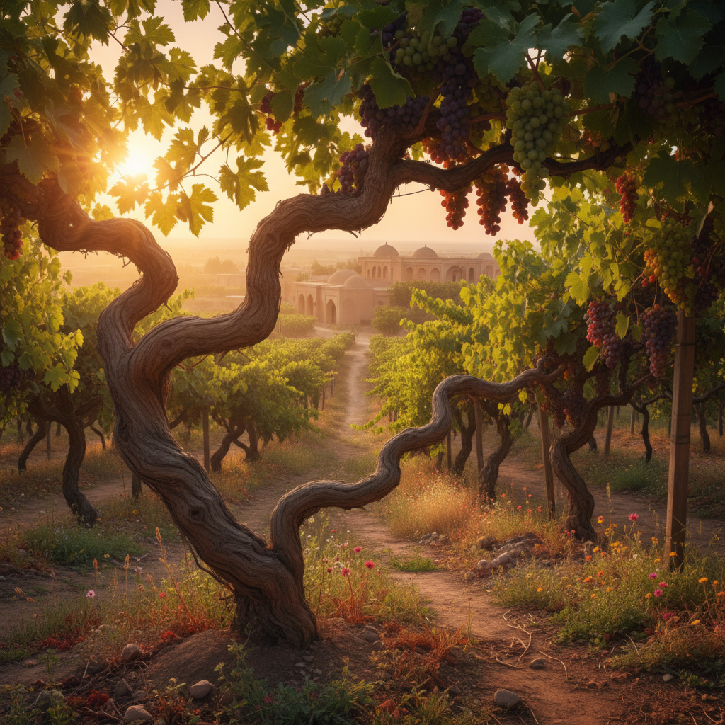 Vinhedo antigo sob o sol dourado na Ásia Central, com parreiras exuberantes e arquitetura tradicional ao fundo, evocando a milenar cultura do vinho turcomeno.