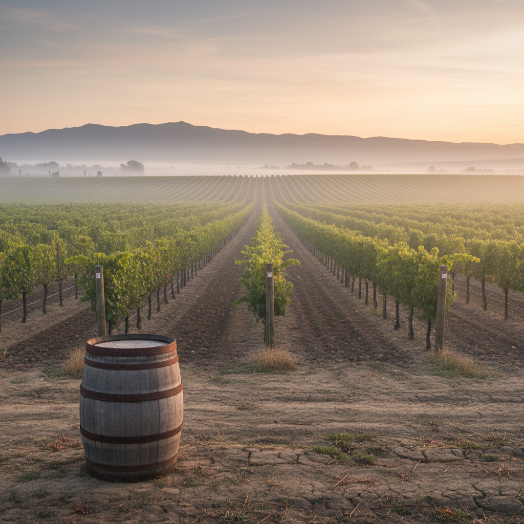 Vinhedo ucraniano ao amanhecer com barril de vinho, simbolizando a resiliência da viticultura em tempos de crise.