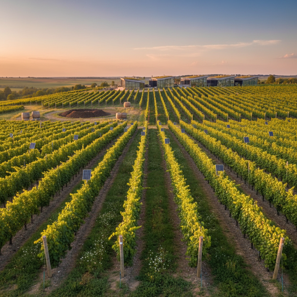 Vinhedo moderno e sustentável na Ucrânia ao pôr do sol, simbolizando a inovação e o renascimento da viticultura local.