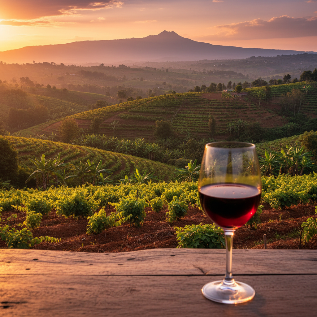 Taça de vinho tinto em mesa rústica com um vinhedo tropical de Uganda ao pôr do sol.