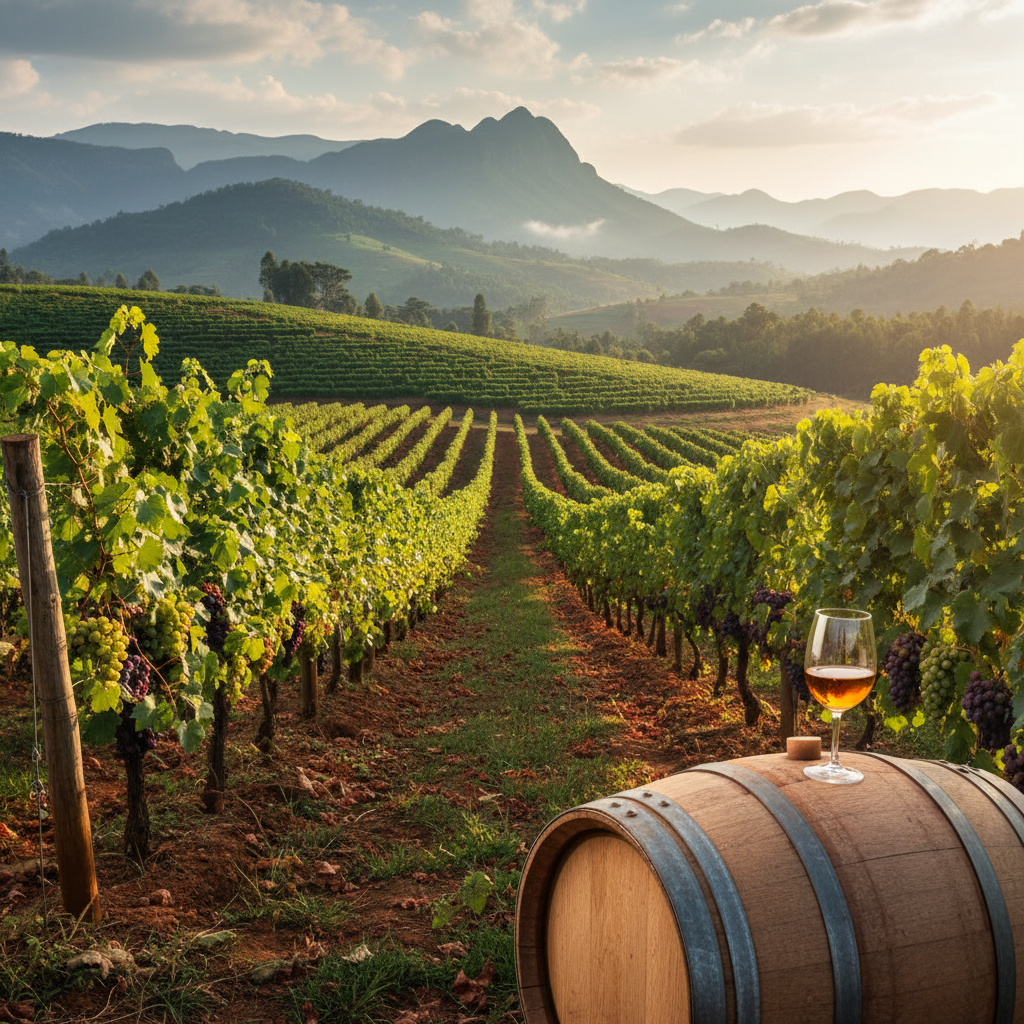 Vinhedo exuberante em Uganda com barril de vinho, representando a emergente viticultura africana.