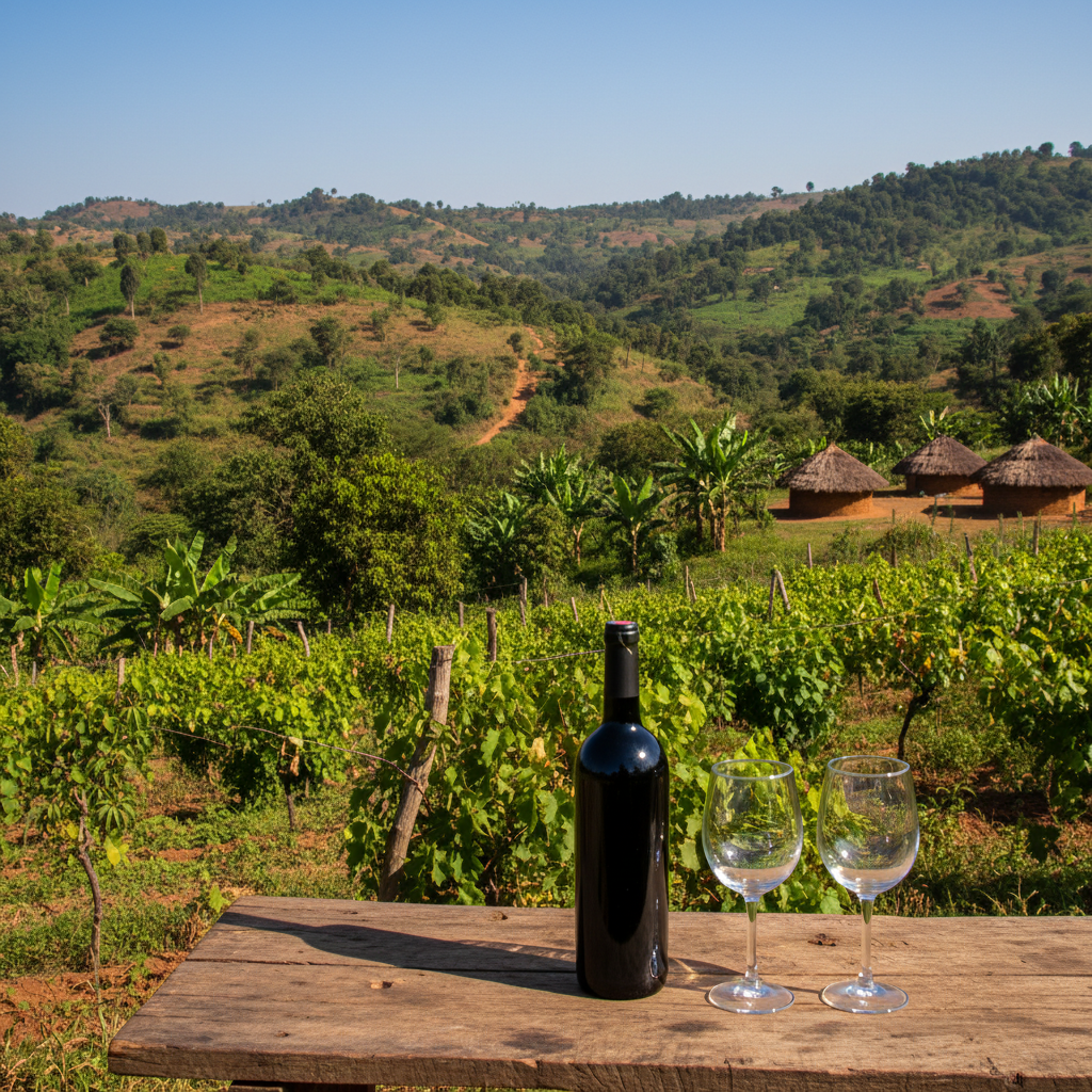 Garrafa e taças de vinho ugandês em mesa rústica com paisagem rural de Uganda ao fundo.