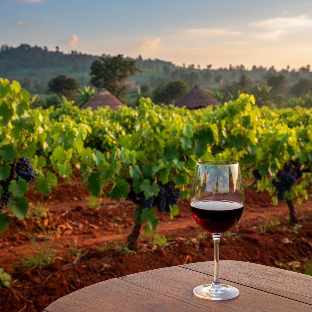 Vinhedo exuberante em Uganda com um copo de vinho tinto em primeiro plano, sob o sol equatorial.
