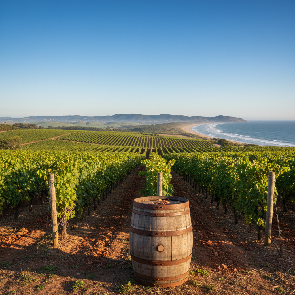 Vista panorâmica de um vinhedo uruguaio exuberante com videiras verdes, colinas suaves e o oceano Atlântico ao fundo. Um barril de vinho de carvalho repousa elegantemente entre as fileiras de uvas.