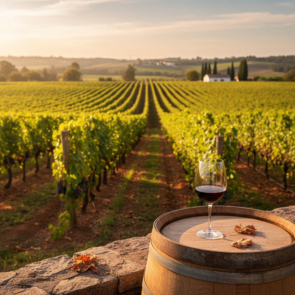 Vinhedo verde uruguaio com barril de madeira e taça de vinho, simbolizando a viticultura sustentável