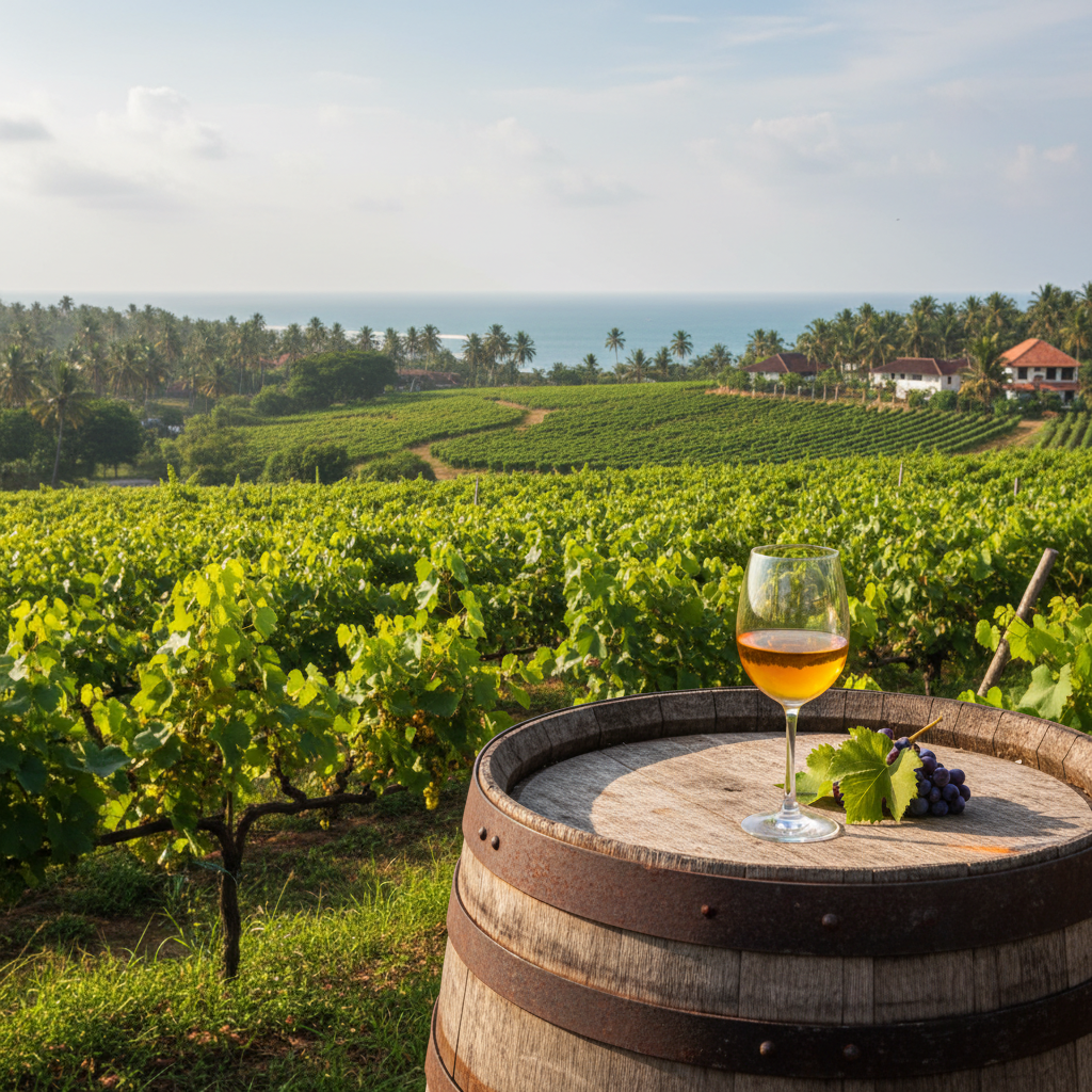 Taça de vinho em um barril de madeira rústico, com um vinhedo tropical exuberante ao fundo no Sri Lanka.