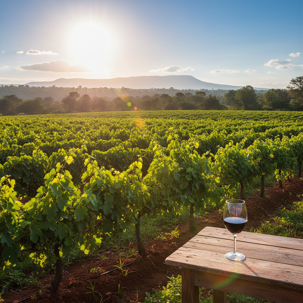 Vinhedo tropical na Tanzânia sob o sol forte, com um copo de vinho tinto em uma mesa de madeira rústica, simbolizando a produção única de vinhos de uva tropical.