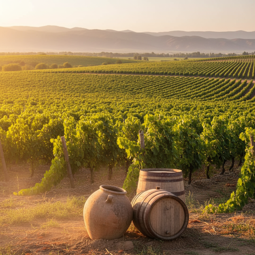 Vinhedo exuberante no Uzbequistão ao pôr do sol, com barril de vinho de madeira em primeiro plano, simbolizando a rica tradição vinícola local.