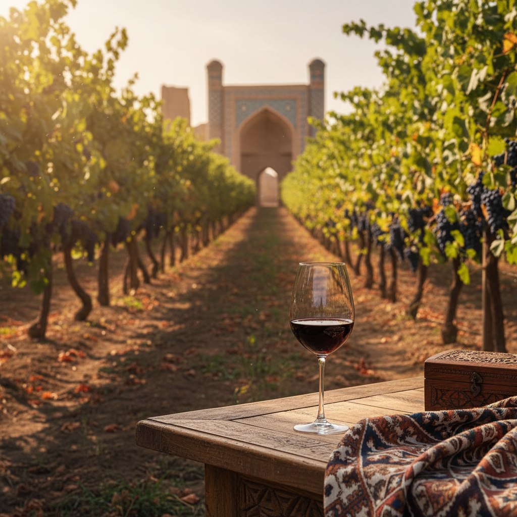 Vinhedo uzbeque ensolarado com arquitetura antiga ao fundo e uma taça de vinho tinto sobre mesa rústica, simbolizando a união da história da Rota da Seda com a viticultura moderna.