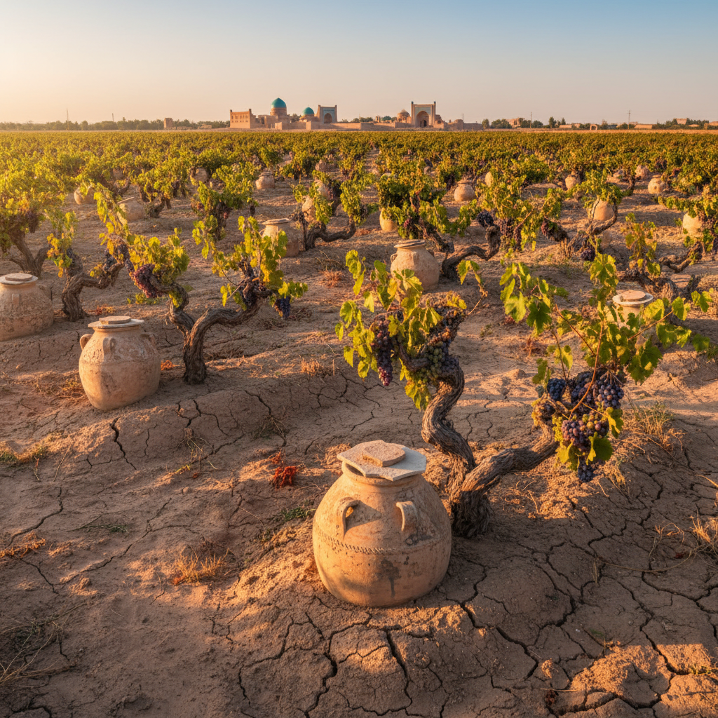 Vinhedo uzbeque tradicional com ânforas de barro enterradas, sob um sol forte, e arquitetura local ao fundo, simbolizando a rica história do vinho no Uzbequistão.