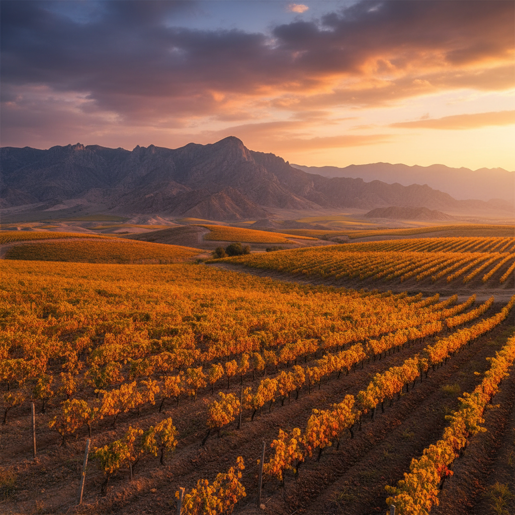 Vinhedo uzbeque ao pôr do sol, com montanhas áridas ao fundo, mostrando o terroir único da Ásia Central.