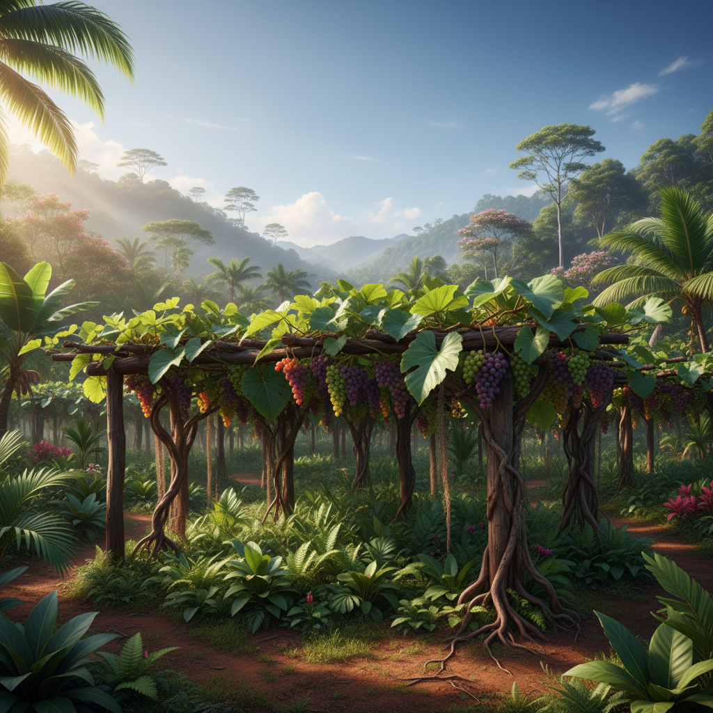 Vinhedo exuberante na Venezuela, demonstrando a viticultura adaptada ao clima tropical, com palmeiras e vegetação densa ao fundo.