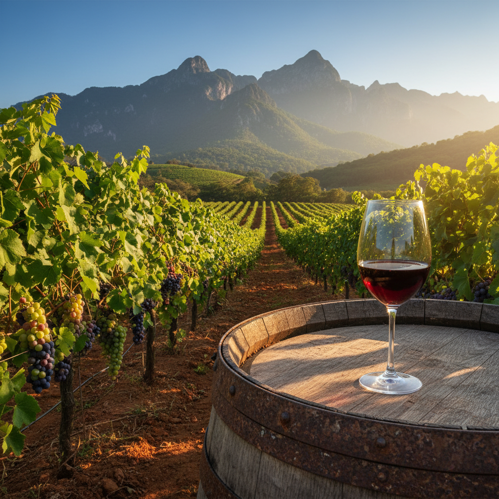 Vinhedo tropical na Venezuela com um copo de vinho tinto em um barril, sob um céu azul, representando a produção inusitada de vinho no país.