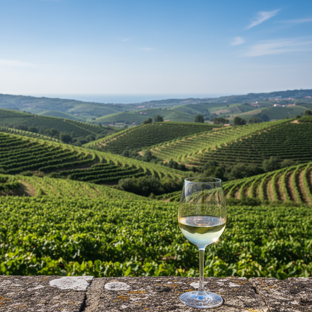 Vinhedos verdejantes da região demarcada do Vinho Verde em Portugal, com uma taça de vinho claro sobre um muro de pedra, sob um céu azul.