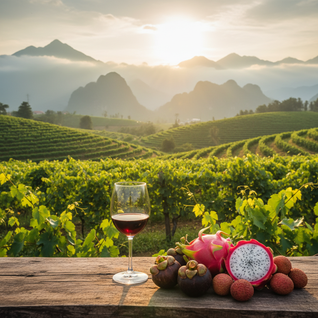 Vinhedo exuberante no Vietnã, com montanhas ao fundo, e uma taça de vinho elegante em primeiro plano, simbolizando a produção vinícola inesperada do país.