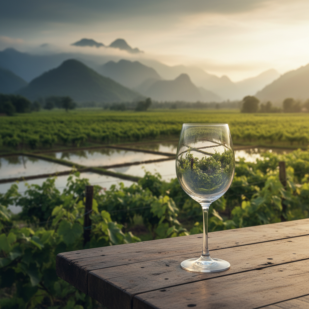 Vinhedo exuberante no Vietnã com arrozais ao fundo e uma taça de vinho em primeiro plano, simbolizando o potencial do vinho vietnamita.