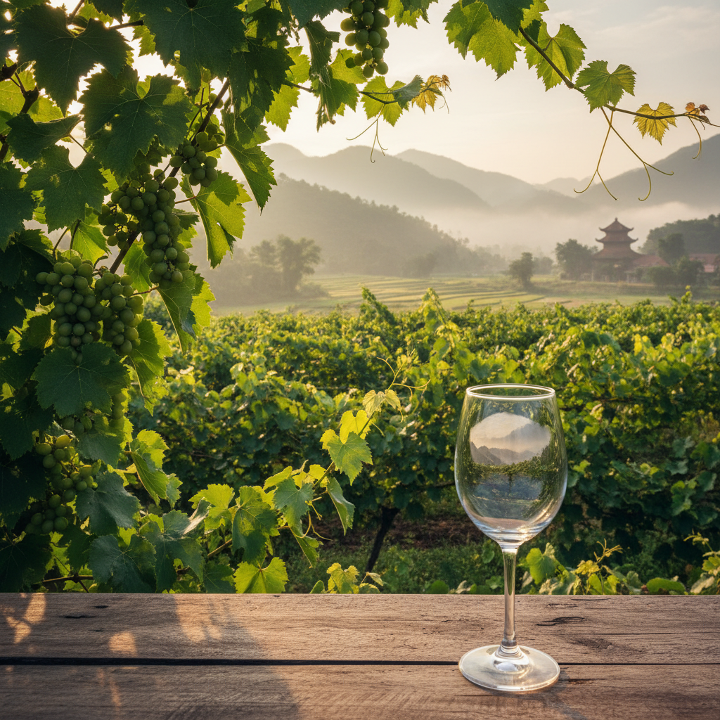 Vinhedo tropical exuberante no Vietnã sob o sol, com fileiras de videiras verdes e uma taça de vinho elegante em primeiro plano.