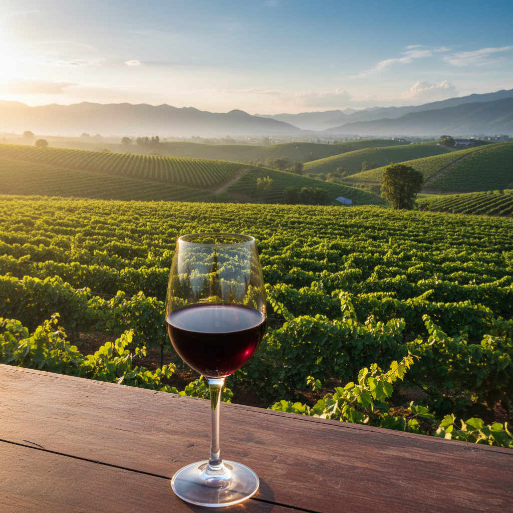 Taça de vinho tinto elegante em primeiro plano, com um exuberante vinhedo vietnamita em colinas tropicais sob um céu azul claro ao fundo, capturando a essência da viticultura local.
