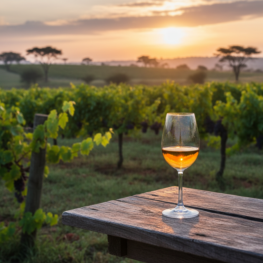 Vinhedo exuberante na Zâmbia ao nascer do sol, com uma taça de vinho em primeiro plano sobre uma mesa de madeira, refletindo a beleza e o potencial da viticultura emergente na região.