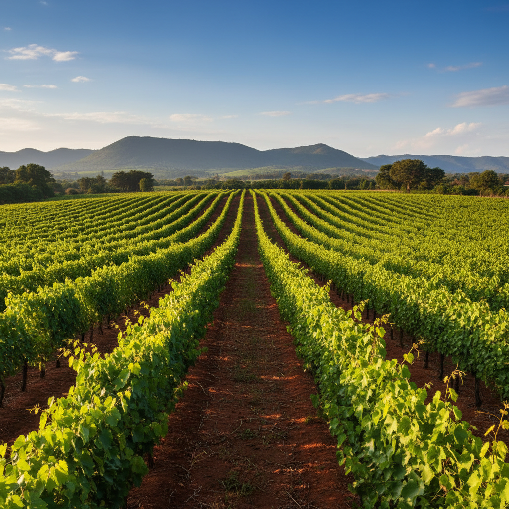 Vinhedo exuberante na Zâmbia, mostrando videiras verdes e solo rico sob um céu azul, representando o terroir único da região.