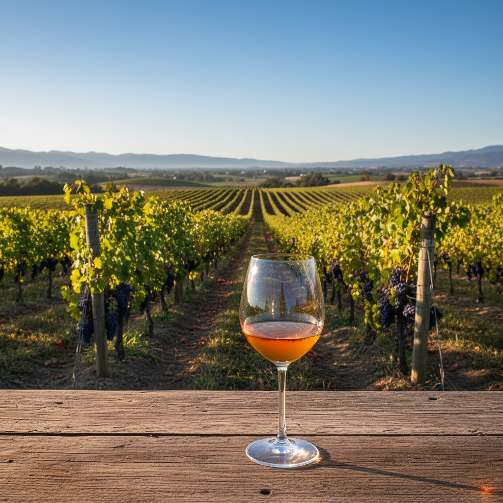 Vinhedo ensolarado na Zâmbia com uma taça de vinho em primeiro plano, simbolizando a emergência da produção vinícola africana.