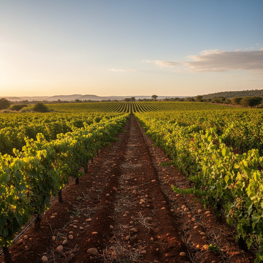 Vinhedo zimbabuano ao pôr do sol, com videiras carregadas de uvas e montanhas ao fundo, refletindo a beleza da viticultura africana.