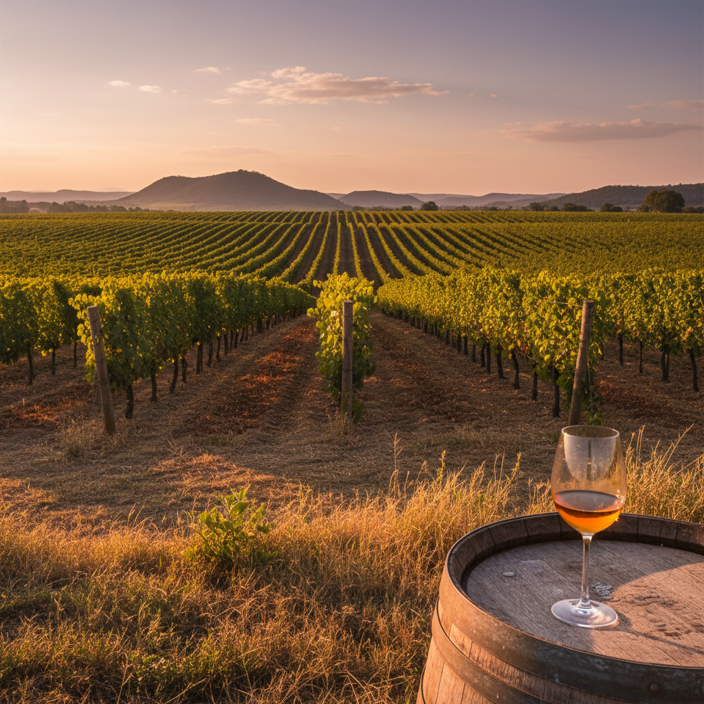 Vinhedo exuberante no Zimbábue ao pôr do sol, com uma taça de vinho tinto em primeiro plano, representando a vinicultura africana.