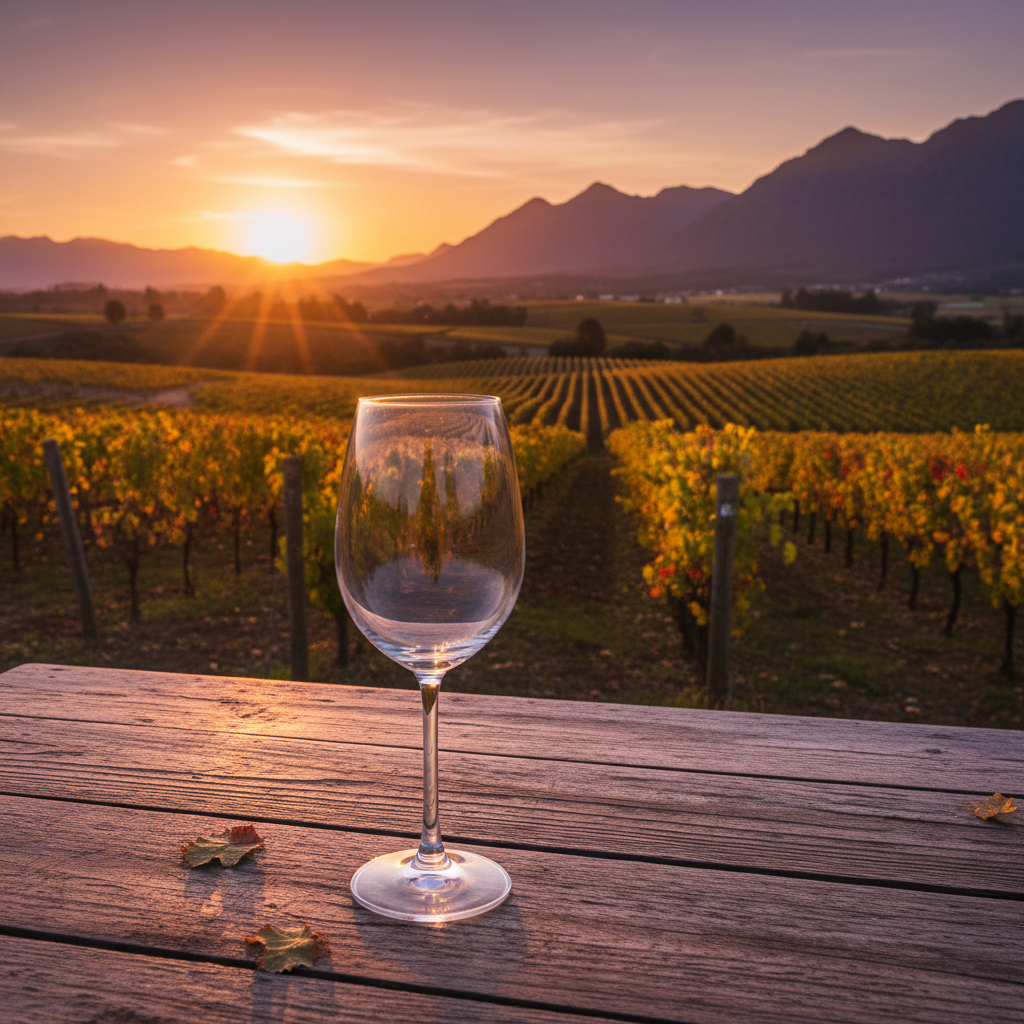 Um cálice de vinho elegante sobre uma mesa de madeira rústica, com um vinhedo sul-africano ensolarado ao fundo, simbolizando a qualidade e o terroir da região.