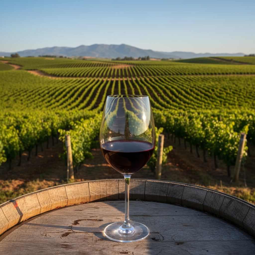 Taça de vinho tinto sobre uma superfície de madeira envelhecida, com um vinhedo africano vasto e exuberante ao fundo sob um céu claro.