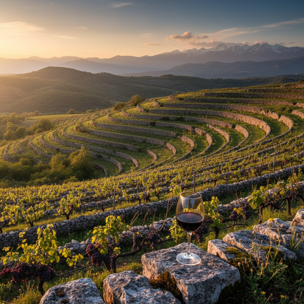 Vinhedo albanês com montanhas ao fundo e uma taça de vinho tinto sobre um muro de pedra.