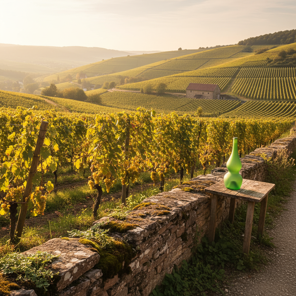 Vinhedo ensolarado em uma região vinícola menos conhecida da Alemanha, com colinas suaves e videiras exuberantes.