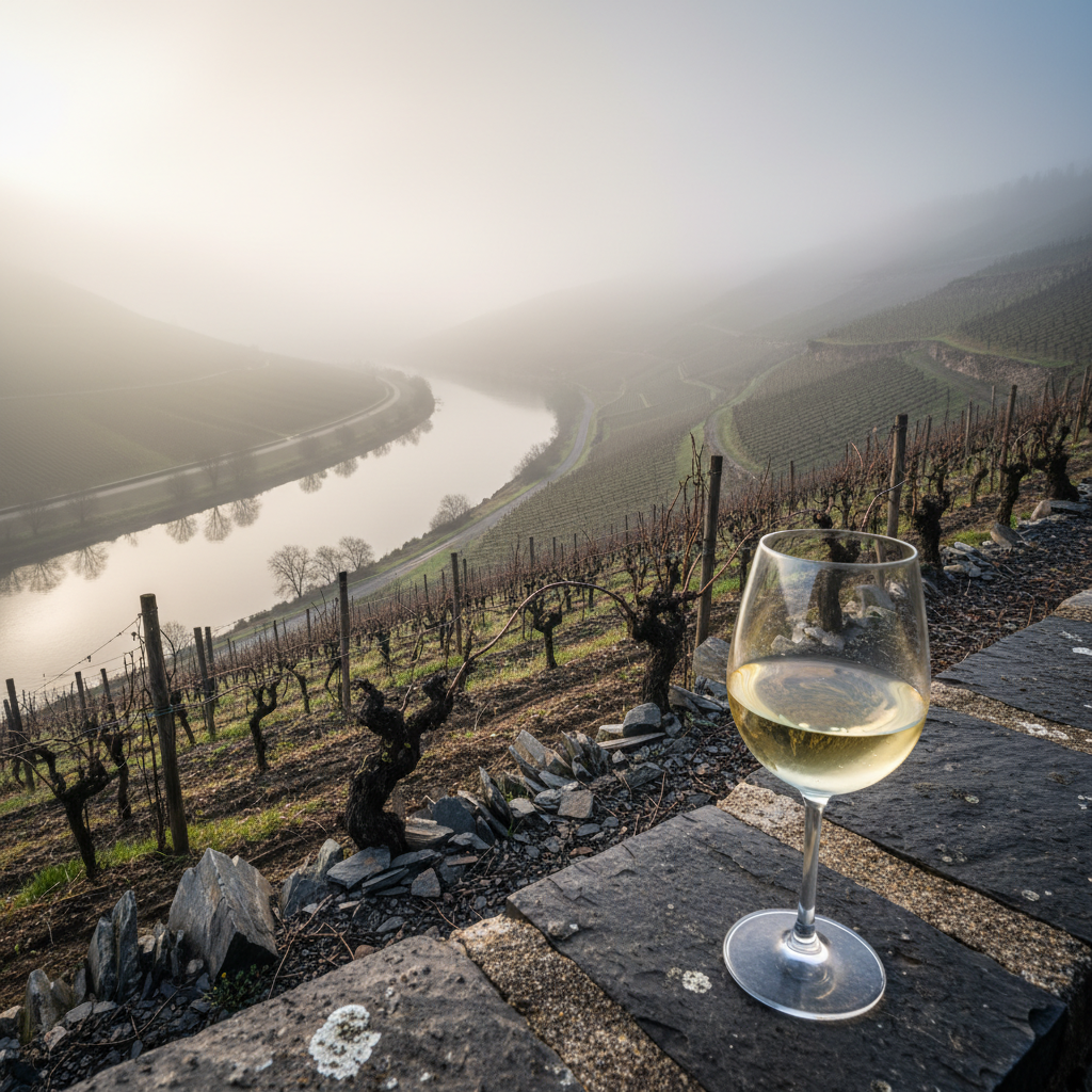 Vinhedo alemão no vale do Mosel, com encostas íngremes e solo de ardósia, coberto por uma névoa matinal fria. Uma taça de vinho Riesling reflete a luz suave em um muro de pedra rústico, simbolizando o terroir único da Alemanha.