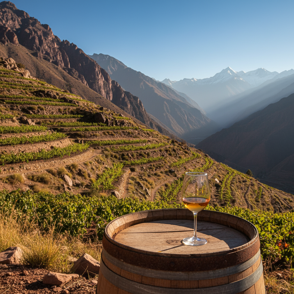 Vinhedo de altitude extrema nos Andes bolivianos, com fileiras de videiras, um barril de madeira rústico e uma taça de vinho, sob um céu azul límpido.