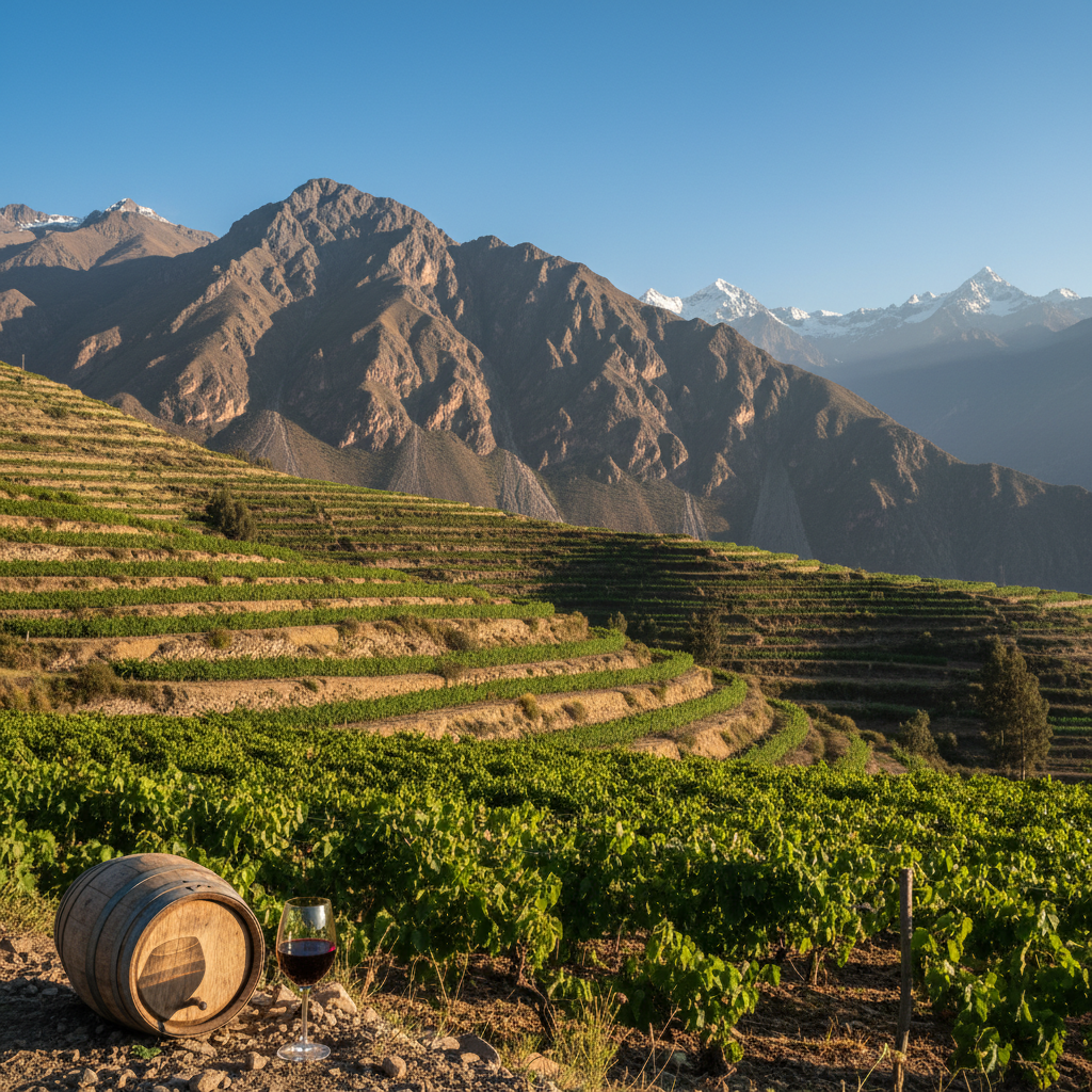 Vinhedo de altitude exuberante na Cordilheira dos Andes peruanos, com um barril de madeira e uma taça de vinho tinto em primeiro plano, destacando a beleza da viticultura em grandes altitudes.