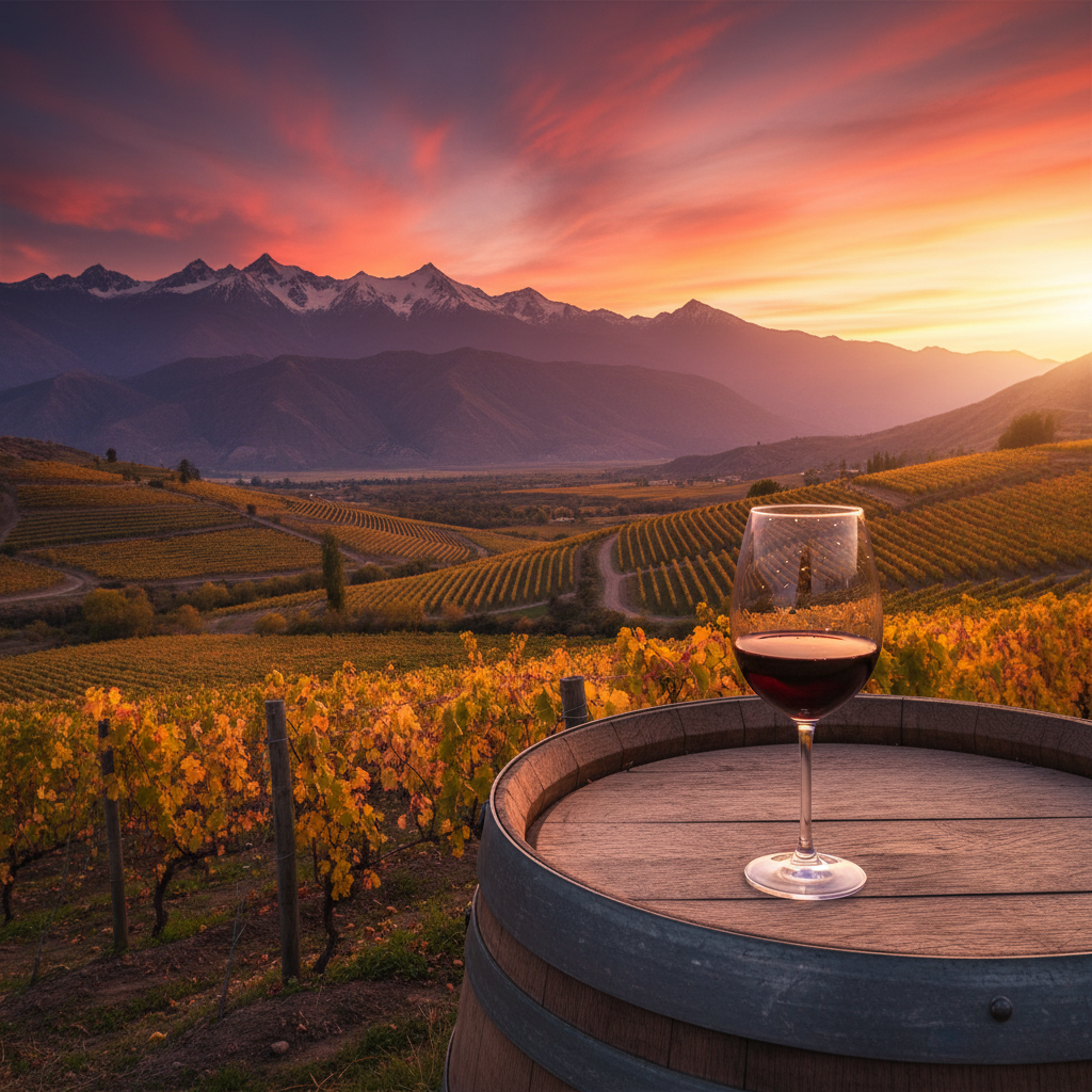Vinhedo de altitude nos Andes com uma taça de vinho tinto sobre um barril de madeira, ao pôr do sol.
