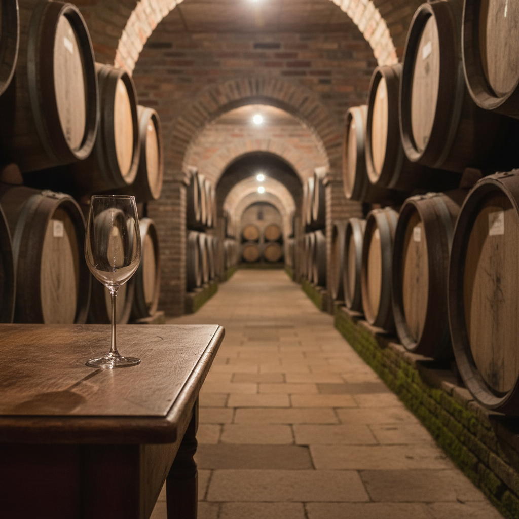 Adega luxuosa em Mendoza com barris de carvalho e taça de vinho elegante, simbolizando vinhos argentinos de alta qualidade para investimento.