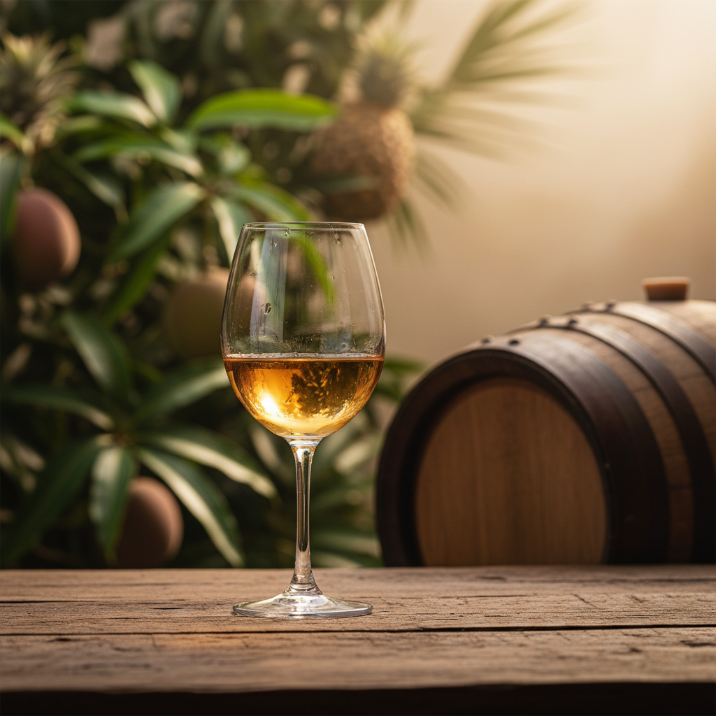 Taça de vinho artesanal do Sri Lanka com tonalidade âmbar, sobre mesa rústica, com vegetação tropical exuberante e barril de madeira ao fundo.