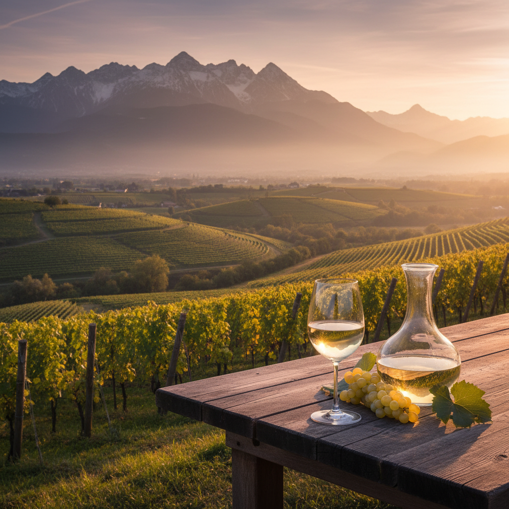 Taça de vinho branco Grüner Veltliner em uma mesa rústica, com um vinhedo austríaco ao fundo durante o pôr do sol.