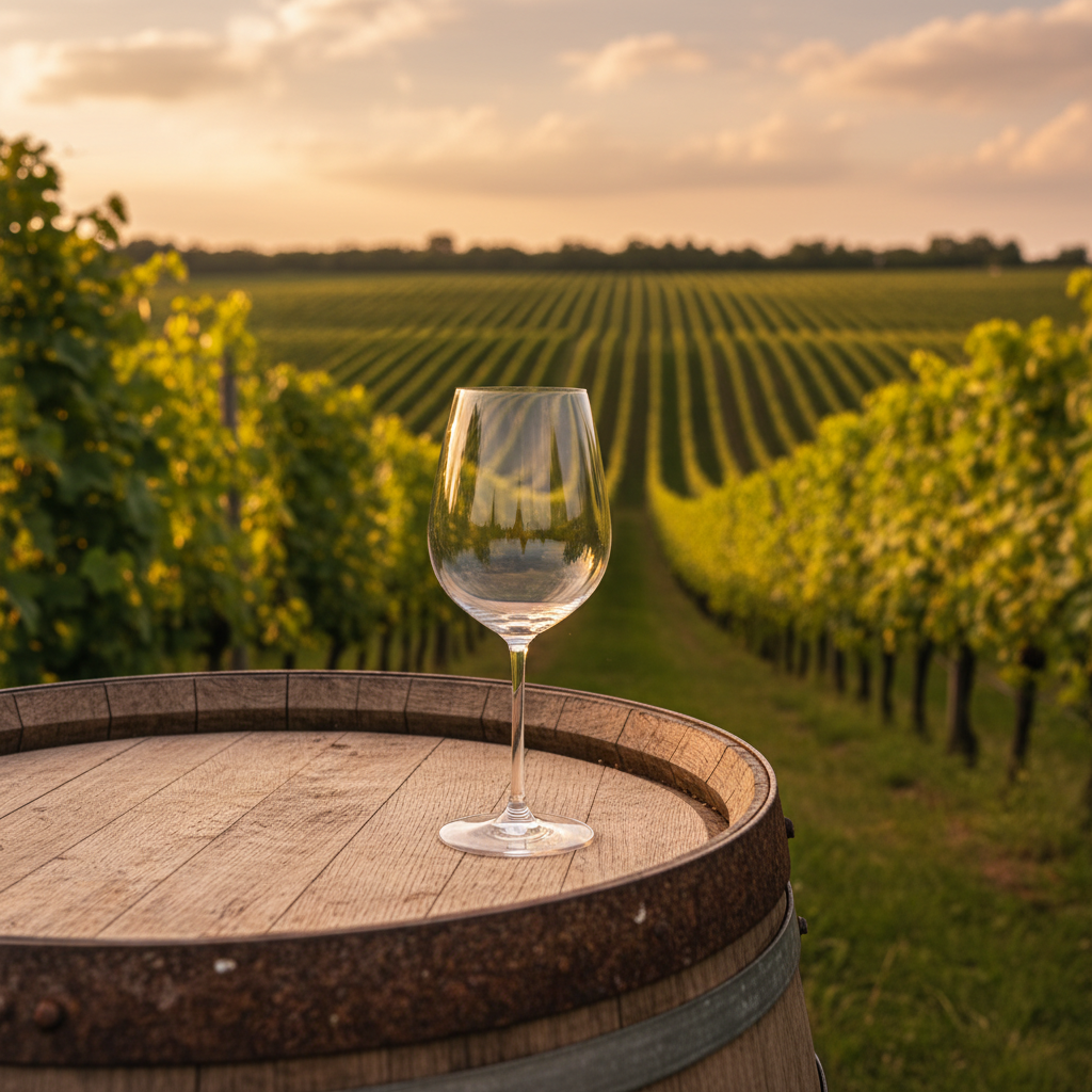 Vinhedo austríaco ao pôr do sol com uma taça de vinho elegante sobre um barril de carvalho, simbolizando a harmonização perfeita.