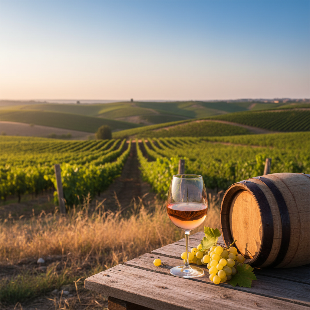 Taça de vinho branco ou rosé em mesa de madeira rústica, com um barril de carvalho e vinhedos verdejantes do Azerbaijão ao fundo.