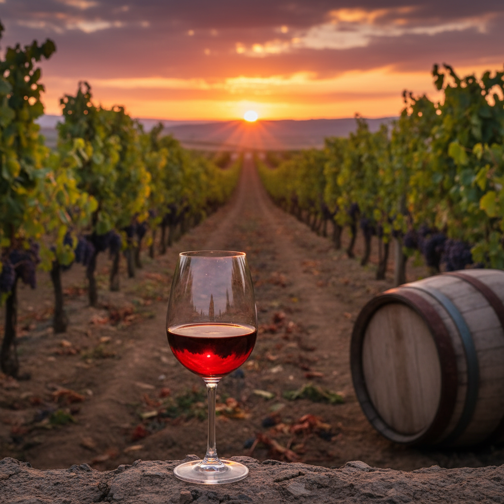 Vista panorâmica de um vinhedo tradicional no Azerbaijão ao pôr do sol, com uma taça de vinho tinto em primeiro plano e um barril de madeira ao fundo, simbolizando a rica cultura vinícola local.