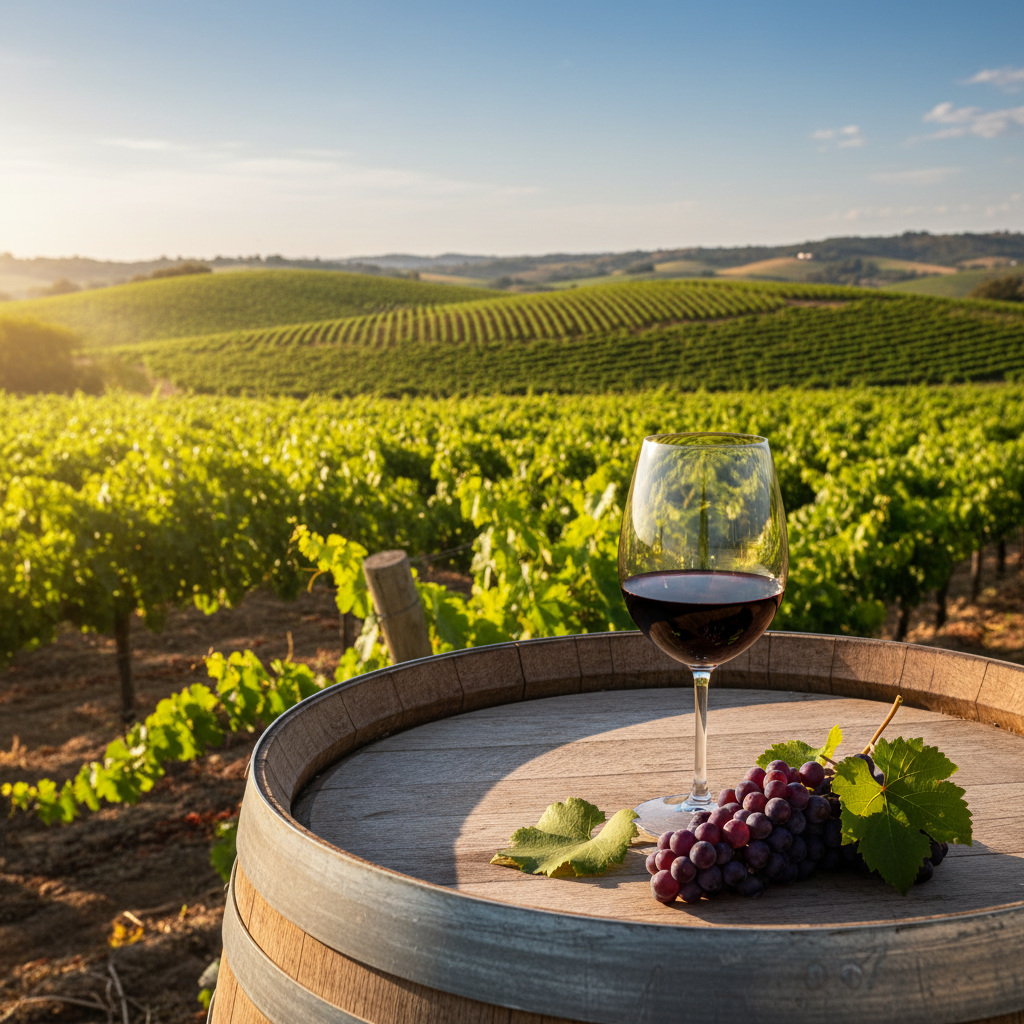 Vinhedo exuberante na Baja California com um copo de vinho tinto sobre um barril de carvalho, simbolizando a crescente qualidade dos vinhos mexicanos.