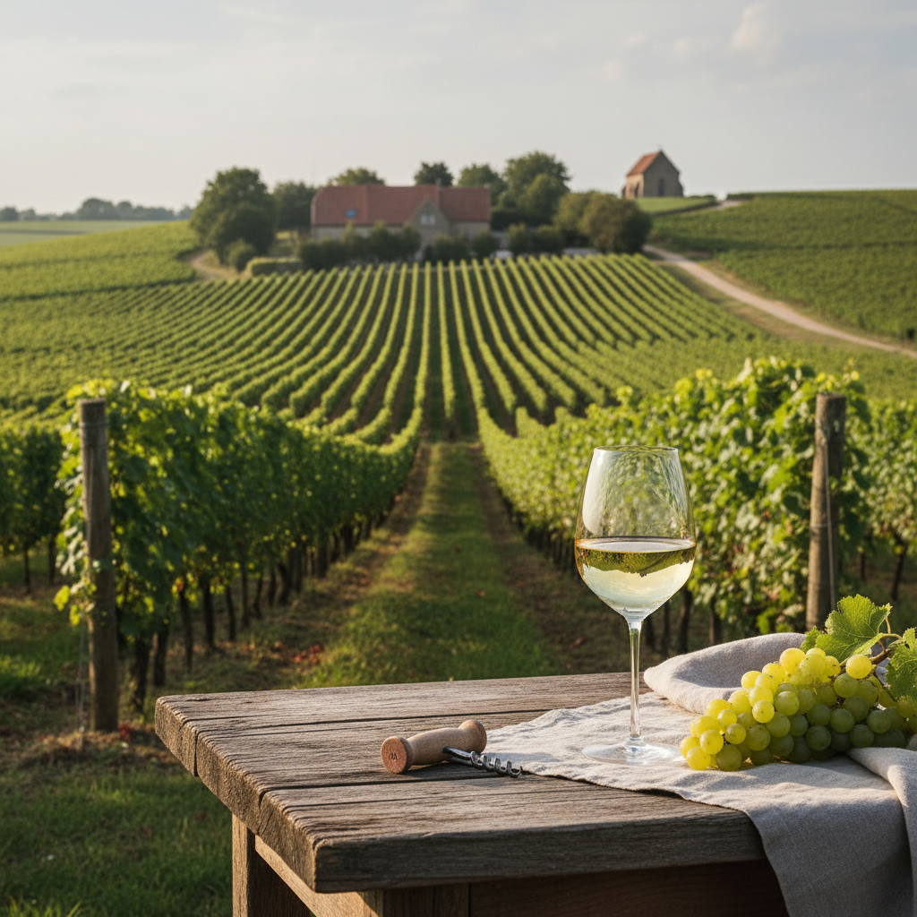 Uma paisagem serena de vinhedo na Bélgica, com fileiras de videiras verdes e uma elegante taça de vinho sobre uma mesa rústica em primeiro plano, simbolizando a crescente indústria vinícola belga.