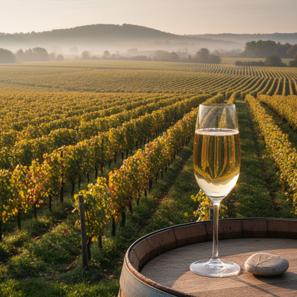 Vinhedo belga ensolarado com uma taça de vinho espumante em primeiro plano, simbolizando a crescente e surpreendente produção vinícola da Bélgica.