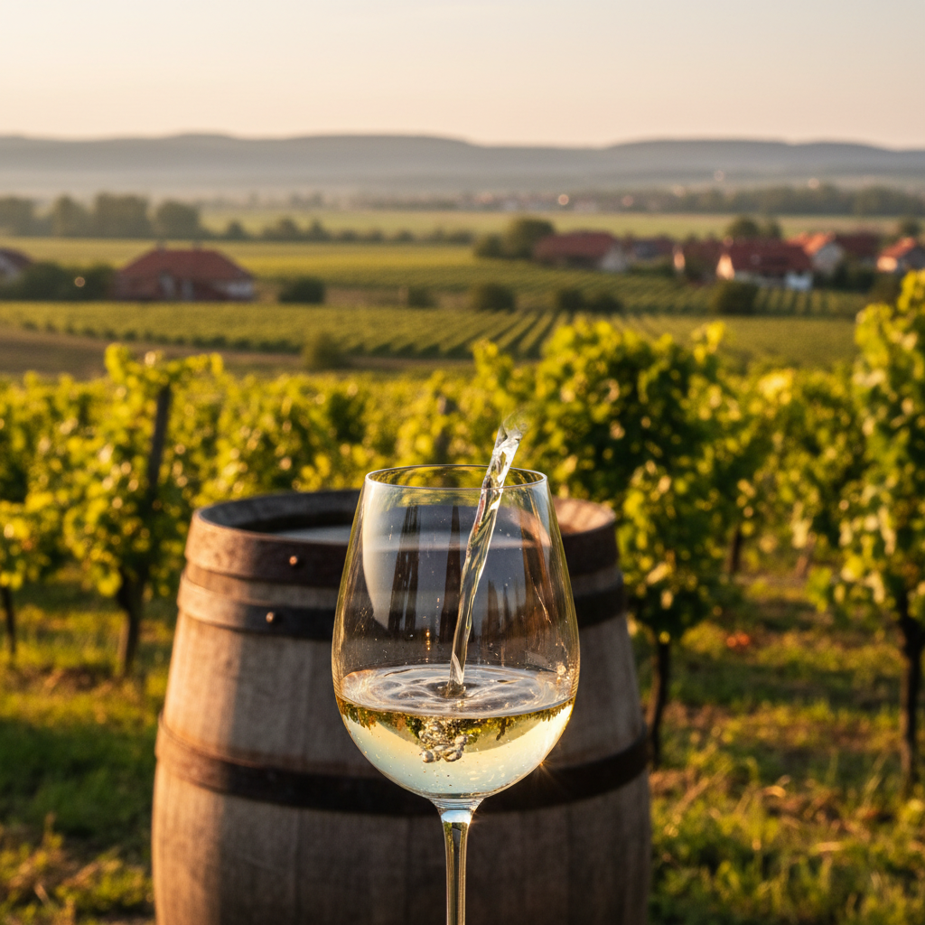 Vinhedo da Boêmia Tcheca ao pôr do sol com taça de vinho branco e barril de carvalho.