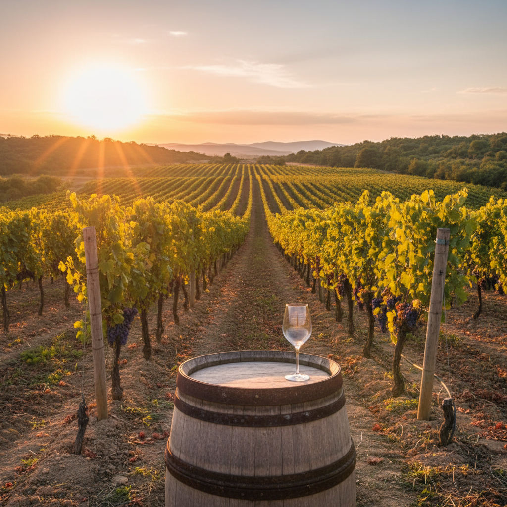 Vinhedo na região da Herzegovina, Bósnia e Herzegovina, com um barril de vinho e uma taça ao pôr do sol, simbolizando o futuro e a tradição dos vinhos locais.